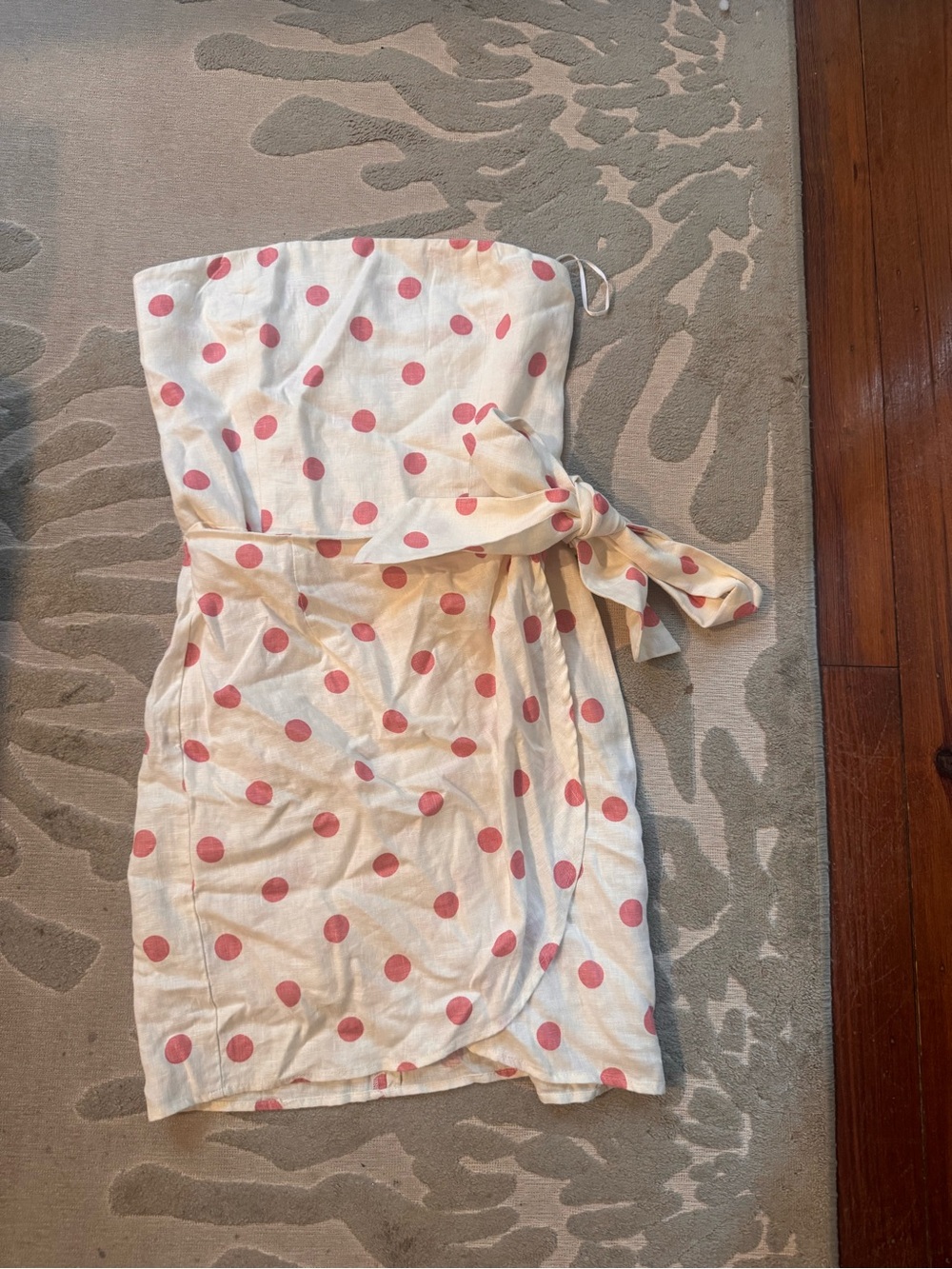 Reformation Cream Strapless Polka Dot Wrap Dress with Pink Dots